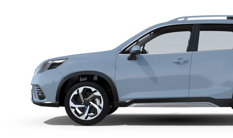 Side view of the front half of a light blue SUV, a popular choice for Rental Cars in Grenada, showing the front wheel, headlight, and part of the front door and window.