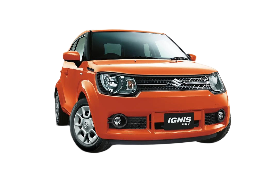 Front view of an orange Suzuki Ignis SUV, ideal for automatic car rental in Grenada, with the brand logo on the grille and a license plate labeled "IGNIS SUV.