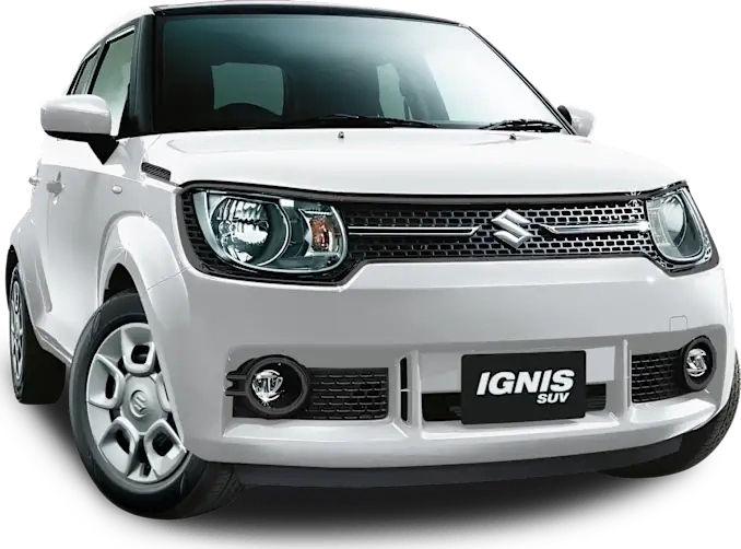 Front view of a white Suzuki Ignis SUV with visible headlights, grille, and the nameplate reading "IGNIS SUV" on the front bumper, ideal for car rental in Grenada.