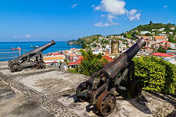 Two old cannons on stone platforms overlook a coastal town with colorful buildings and a harbor under a blue sky.