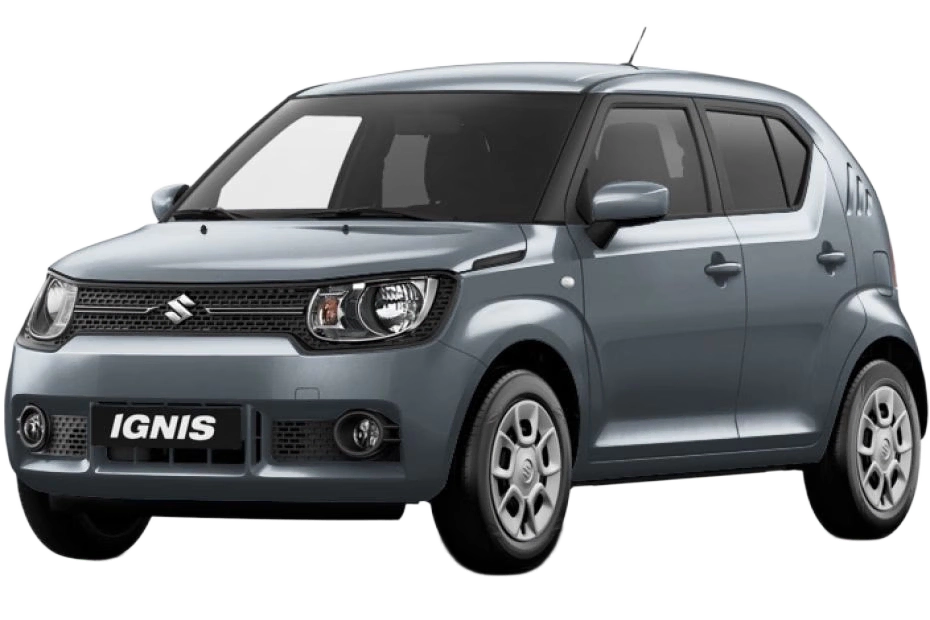 A grey Suzuki Ignis compact hatchback car is parked on a white background, viewed from the front left side—perfect if you’re looking to rent Suzuki Ignis for your next journey.
