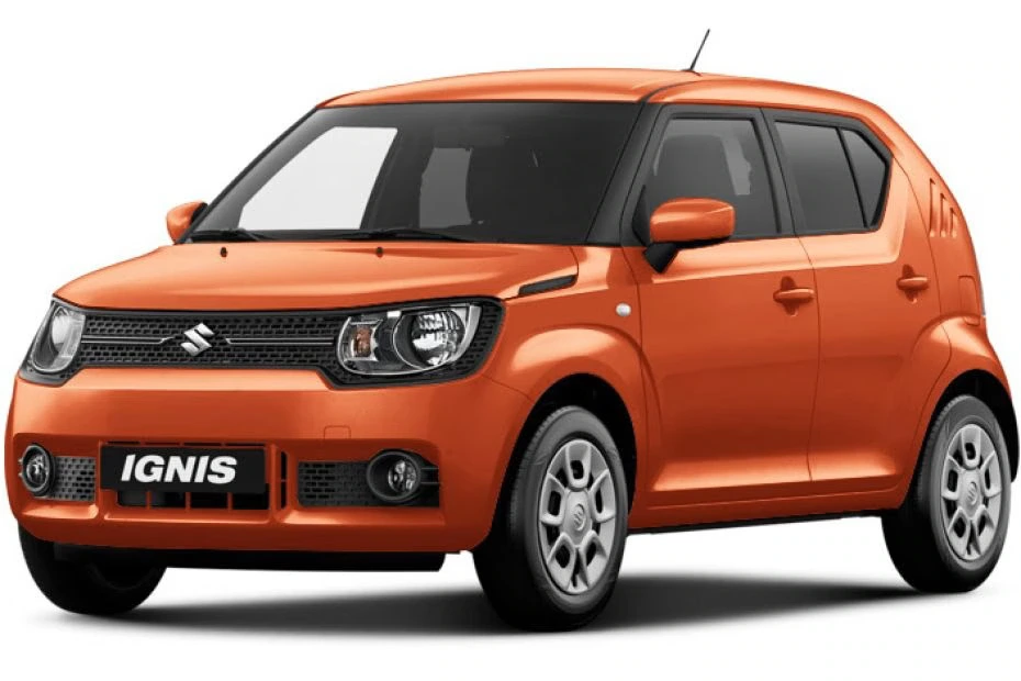 An orange Suzuki Ignis compact hatchback car, perfect if you want to rent Suzuki Ignis, is parked on a white background, viewed from the front left side.