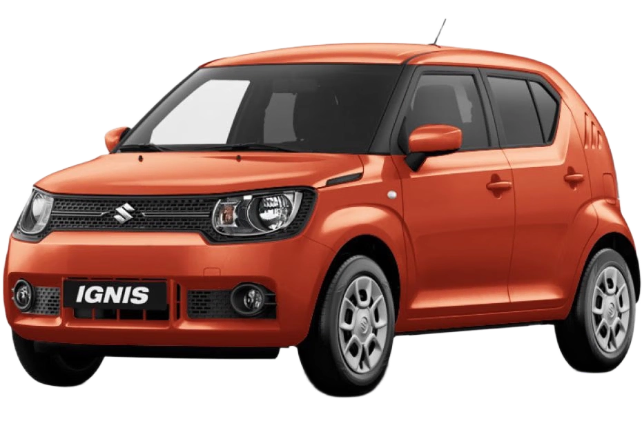 A red-orange Suzuki Ignis compact hatchback car viewed from the front left side, showing its grille, headlights, and alloy wheels—perfect for those looking to rent Suzuki Ignis for a stylish and practical drive.