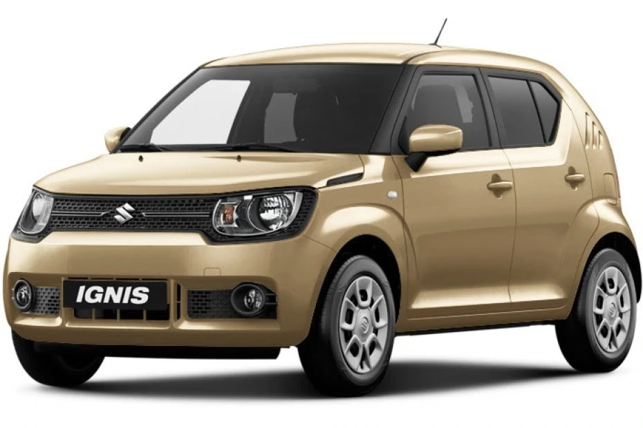 A gold Suzuki Ignis compact hatchback is shown parked on a white background, viewed from the front left side—perfect if you want to rent Suzuki Ignis for your next adventure.