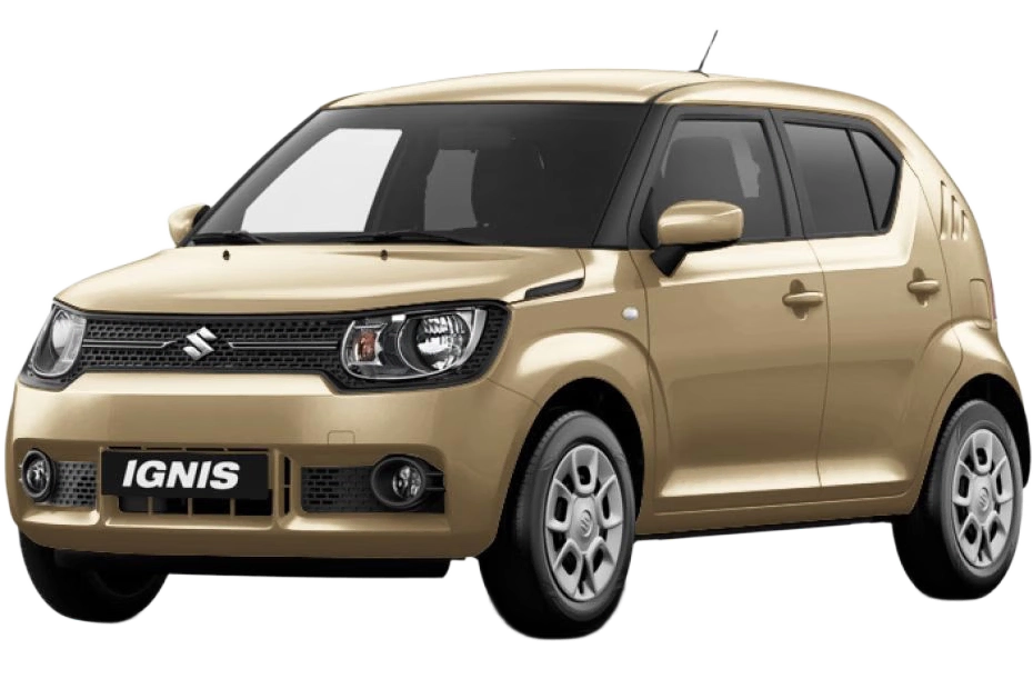 A beige Suzuki Ignis hatchback is shown from the front left side, displaying its compact design, headlights, and black-trimmed grille—perfect for those looking to rent Suzuki Ignis for city driving.